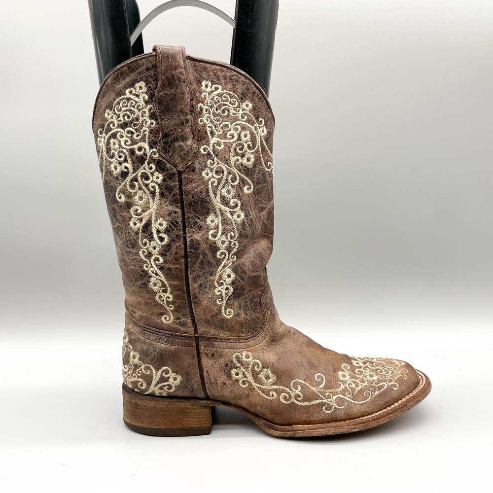 Corral Teen Size 4T Brown Leather Floral Embroidered Square Toe Western Boots